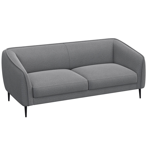 Graues Sofa mit abgerundeten Armlehnen und zwei Polsterkissen auf den Sitzflächen steht auf schmalen, schwarzen Beinen. Es eignet sich für individuelle Anpassungen und ist als Wunschsofa erhältlich.