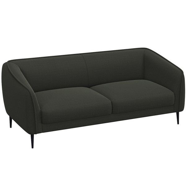 Graues Sofa mit abgerundeten Armlehnen und zwei Polsterkissen auf den Sitzflächen steht auf schmalen, schwarzen Beinen. Es eignet sich für individuelle Anpassungen und ist als Wunschsofa erhältlich.
