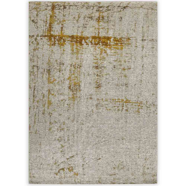 Moderner Teppich Stratos in Creme-Grau mit strukturierter Oberfläche. Er zeigt gelbe und goldene Farbtöne, die ihm ein einzigartiges Design verleihen. Er eignet sich für verschiedene Raumgestaltungen.