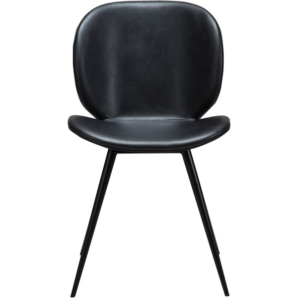 Moderner schwarzer Stuhl aus Kunstleder steht auf drei schlanken Beinen. Die Rückenlehne ist rundlich und harmoniert mit der abgerundeten Sitzfläche.