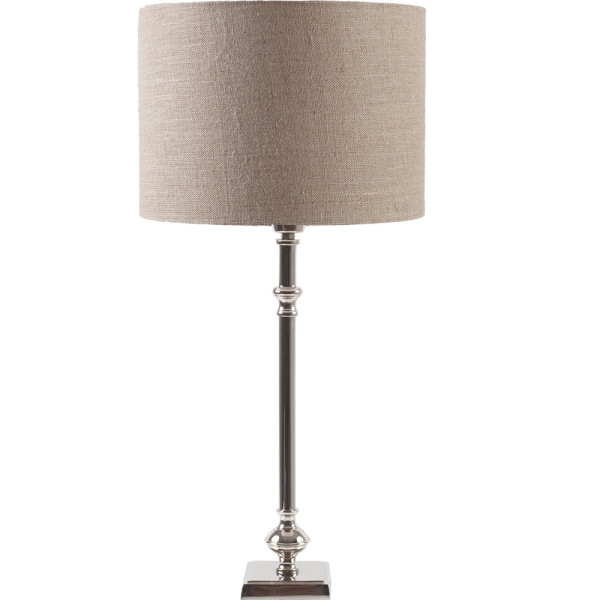 Beiger Lampenschirm aus Leinen im Zylindermuster mit einem Durchmesser von 25 cm steht aufrecht und ist für einen dekorativen Einsatz geeignet.