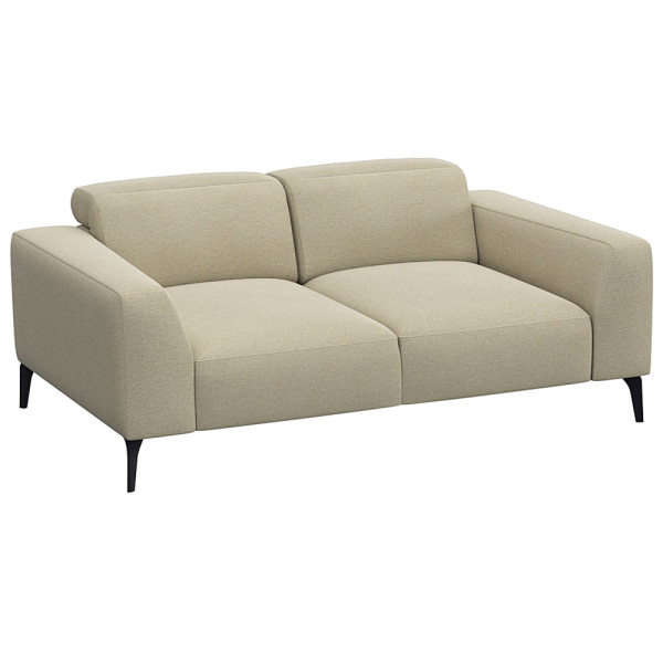 Schwarzes Sofa VOLUZZI mit modernen Designs, zwei Sitzflächen und geraden Armlehnen steht auf schmalen Füßen. Es ist für individuelle Gestaltung und hochwertige Materialien konzipiert.