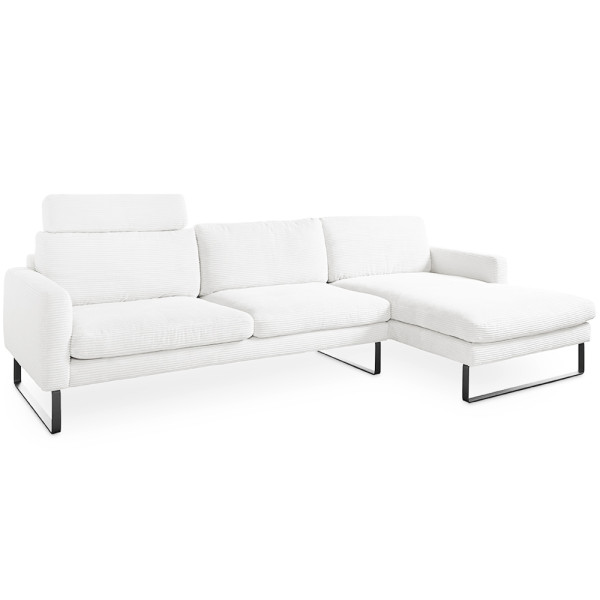 Moderner, eleganter Cordsofa Ricadi in Weiß mit lässiger Rahmenkonstruktion. Die Polstergarnitur bietet gemütlichen Platz zum Entspannen und hat eine Stahl-Wellenunterfederung.