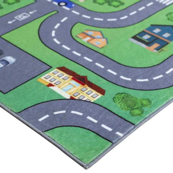 Spielteppich mit bunten Motiven einer Stadt, Straßen, Fahrzeugen und Spielplätzen, die Kindern das Spielen und Entdecken ermöglichen.