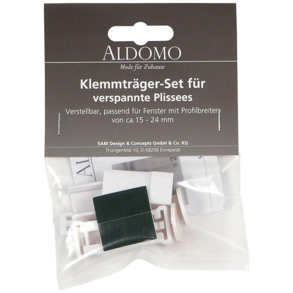 Klemmträgerset für verspannte Plissees in einer transparenten Verpackung. Das Set ist verstellbar und für Fenster mit einer Profilbreite von 15 bis 24 mm geeignet. Preis: 4,75 €.