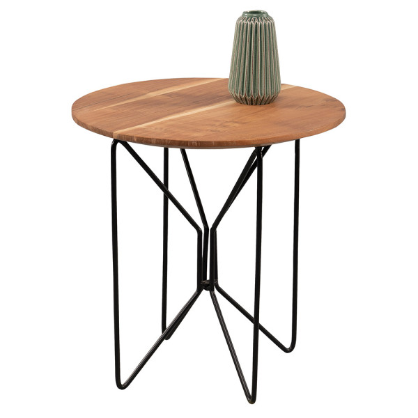 Runder Beistelltisch mit Holzplatte und schwarzem Metallgestell steht stabil. Die Holzoberfläche zeigt eine helle und eine dunkle Streifen.