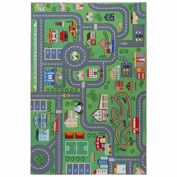 Spielteppich mit bunten Motiven einer Stadt, Straßen, Fahrzeugen und Spielplätzen, die Kindern das Spielen und Entdecken ermöglichen.