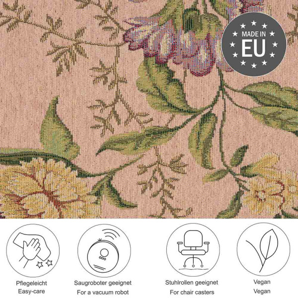 Drei Teppiche mit floralen Mustern in sanften Farbtönen, angeordnet in verschiedenen Größen: ein länglicher Teppich und zwei rechteckige Teppiche. Sie verzaubern mit lebendigen Farben und zarten Designs.