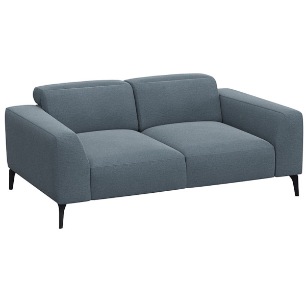 Schwarzes Sofa VOLUZZI mit modernen Designs, zwei Sitzflächen und geraden Armlehnen steht auf schmalen Füßen. Es ist für individuelle Gestaltung und hochwertige Materialien konzipiert.