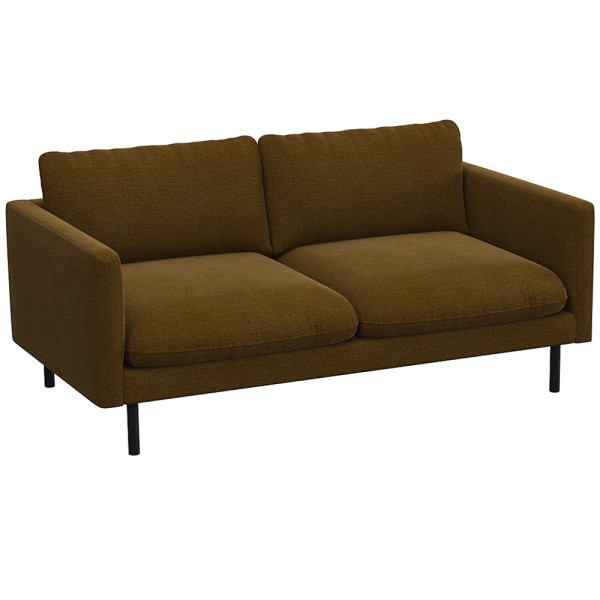 Graues Sofa mit zwei breiten Kissen und schmalen Armlehnen steht auf schlanken, schwarzen Beinen. Das Design ist modern und schlicht, geeignet für verschiedene Wohnstile.