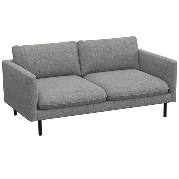 Graues Sofa mit zwei breiten Kissen und schmalen Armlehnen steht auf schlanken, schwarzen Beinen. Das Design ist modern und schlicht, geeignet für verschiedene Wohnstile.
