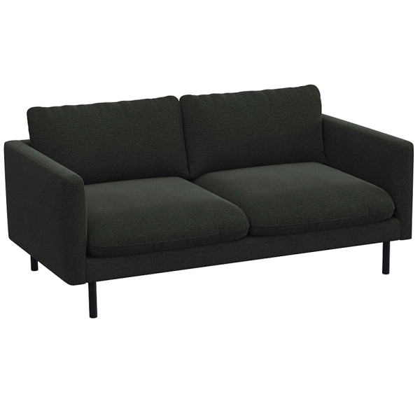 Graues Sofa mit zwei breiten Kissen und schmalen Armlehnen steht auf schlanken, schwarzen Beinen. Das Design ist modern und schlicht, geeignet für verschiedene Wohnstile.