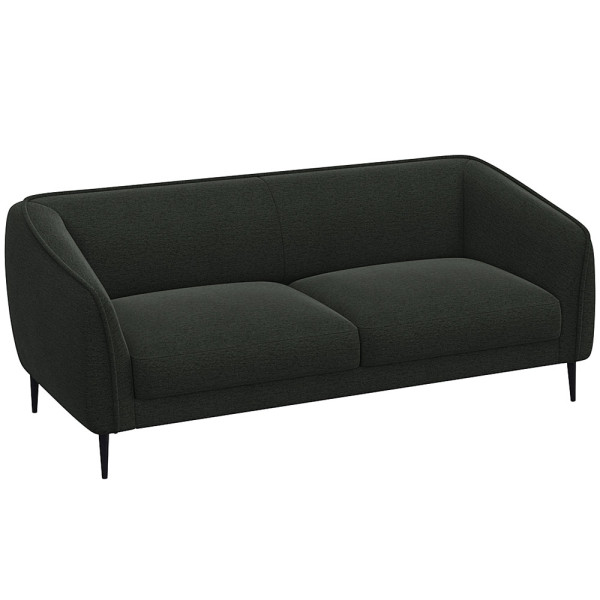 Graues Sofa mit abgerundeten Armlehnen und zwei Polsterkissen auf den Sitzflächen steht auf schmalen, schwarzen Beinen. Es eignet sich für individuelle Anpassungen und ist als Wunschsofa erhältlich.