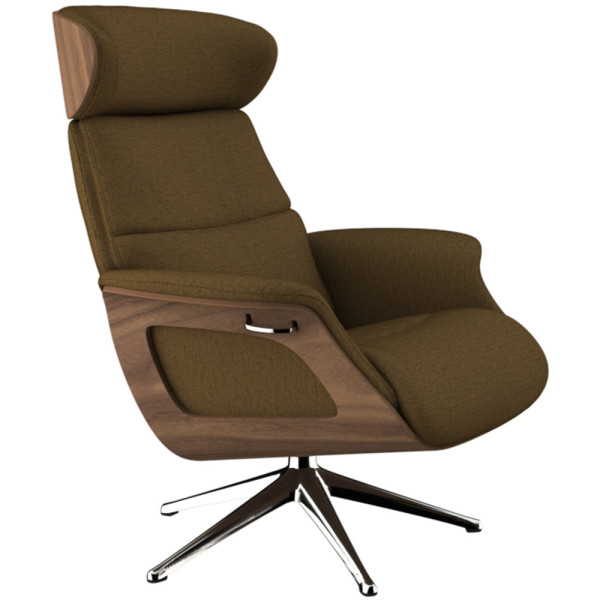 Stoff Sessel Clement in Olivgrün hat einen Holz-Korpus und steht auf einem stabilen, verchromten Fuß. Der Sessel hat eine hohe Rückenlehne für optimalen Komfort.