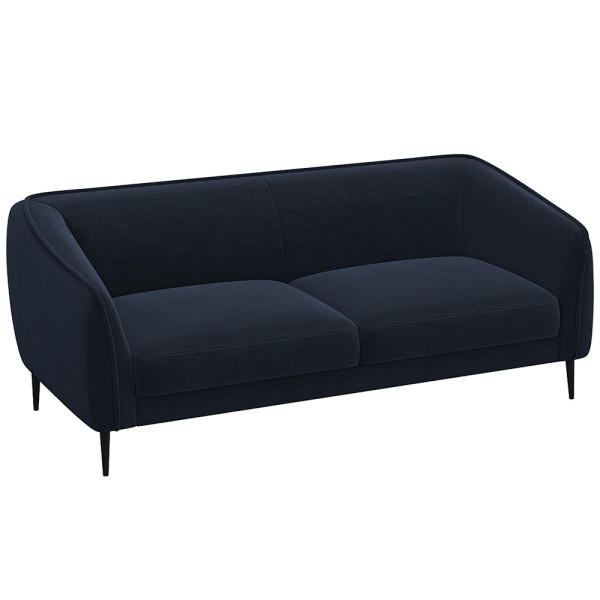 Graues Sofa mit abgerundeten Armlehnen und zwei Polsterkissen auf den Sitzflächen steht auf schmalen, schwarzen Beinen. Es eignet sich für individuelle Anpassungen und ist als Wunschsofa erhältlich.