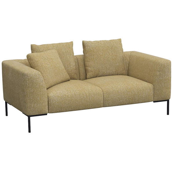 Helles, modernes Sofa in hellbeiger Farbe mit zwei Kissen. Es hat eine schlichte, rechteckige Form und steht auf schwarzen Beinen. Die Oberfläche wirkt einladend und bequem.