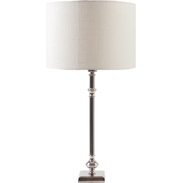 Weißer Lampenschirm aus Leinen mit zylindrischer Form steht auf einem neutralen Hintergrund. Der Lampenschirm eignet sich als stilvolle Ergänzung für die Inneneinrichtung.