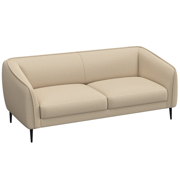 Graues Sofa mit abgerundeten Armlehnen und zwei Polsterkissen auf den Sitzflächen steht auf schmalen, schwarzen Beinen. Es eignet sich für individuelle Anpassungen und ist als Wunschsofa erhältlich.