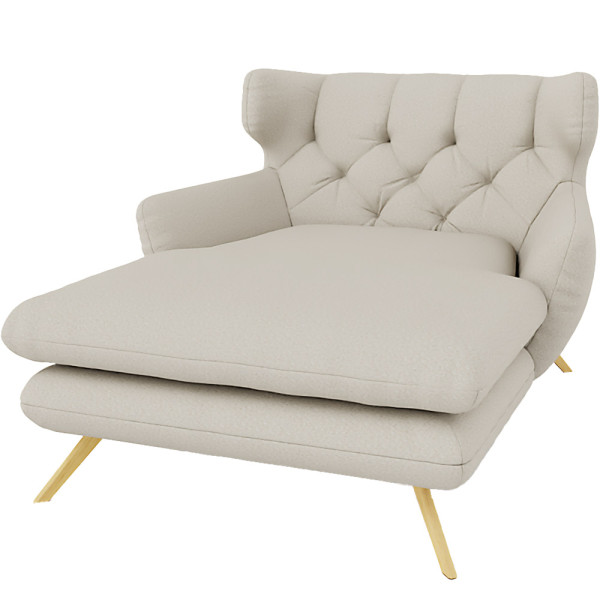 Beiger Sessel mit hellem Polsterbezug und goldenem Gestell. Der Sessel hat eine bequeme, breite Sitzfläche und gepolsterte Rückenlehne für zusätzlichen Komfort.