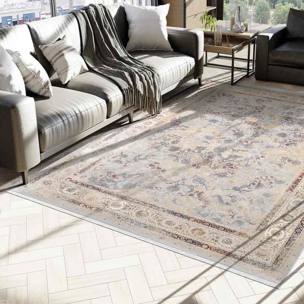 Grauer Kurzflorteppich mit multicolor Design zeigt florale Muster in sanften Farben. Vorteilhaft für eine stilvolle Raumgestaltung, bietet er Komfort und Ästhetik in jedem Wohnambiente.