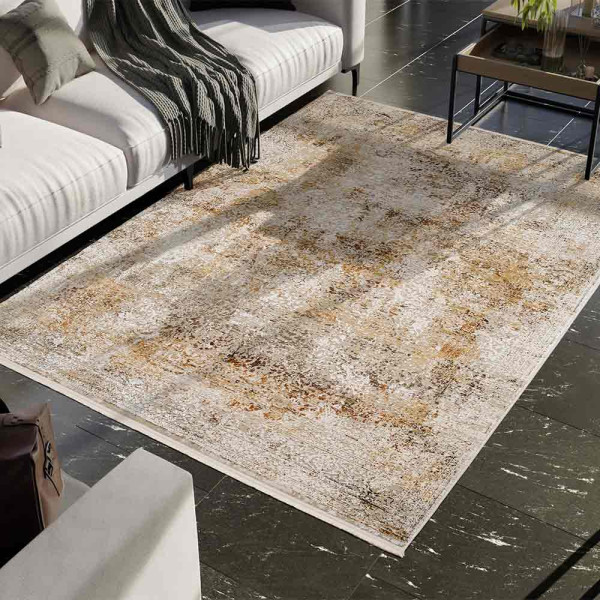 Seidiger, glänzender Vintage-Teppich in Beige-Mix mit filigranem Muster. Er ist ideal für eine stilvolle Raumgestaltung und bietet Komfort und Eleganz.