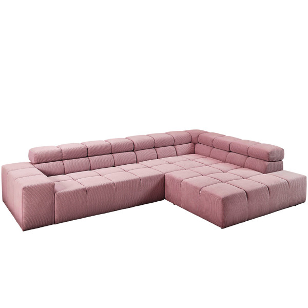Moderne Polstergarnitur aus feincord in Rosa. Die Couch hat eine U-Form mit geraden Linien und ist mit Kissen unterteilt. Die Oberfläche hat eine weiche Textur.
