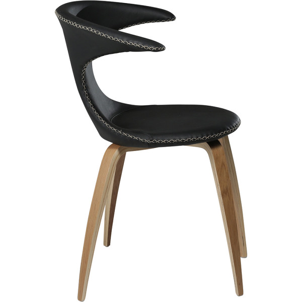 Schwarzer Stuhl mit einem einzigartigen Design aus Kunstleder und Holzbeinen. Der Stuhl Flair hat eine markante Rückenlehne und eignet sich für moderne Inneneinrichtungen.