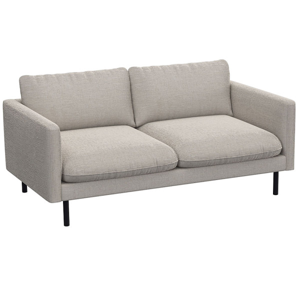 Graues Sofa mit zwei breiten Kissen und schmalen Armlehnen steht auf schlanken, schwarzen Beinen. Das Design ist modern und schlicht, geeignet für verschiedene Wohnstile.