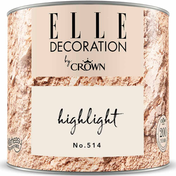 Elle Decoration von Crown präsentiert die Premium-Wandfarbe „Highlight“ in der Dose mit der Nummer 514. Die Farbe hat einen matten Finish und füllt 0,125 Liter.
