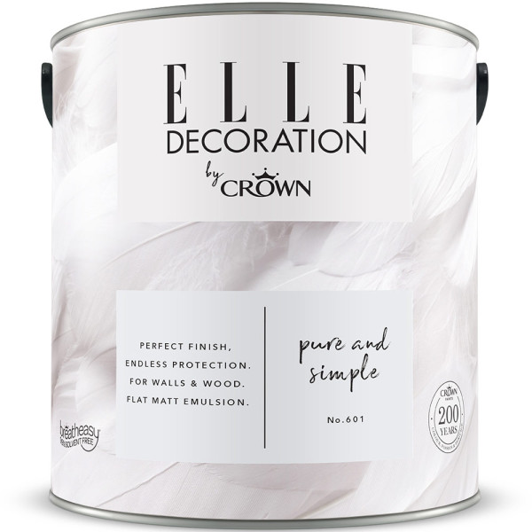 Elle Decoration Farbdose mit der Aufschrift „pure and simple“ und weiteren Produktinformationen. Die Farbe hat die Nummer 601 und ist eine matte Emulsion für Wände und Holz.