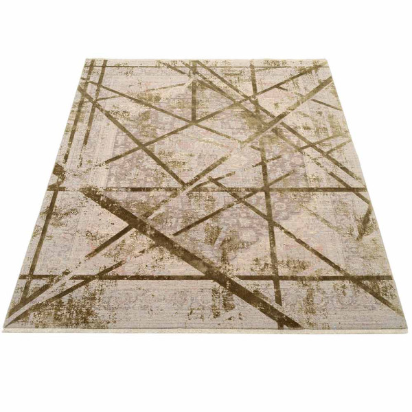 Moderner Kurzflor-Teppich Arizona liegt flach ausgebreitet, mit einem designbetonten Muster aus Linien in Brauntönen. Die Farben schaffen eine stilvolle 3D-Optik auf einem hellen Hintergrund.