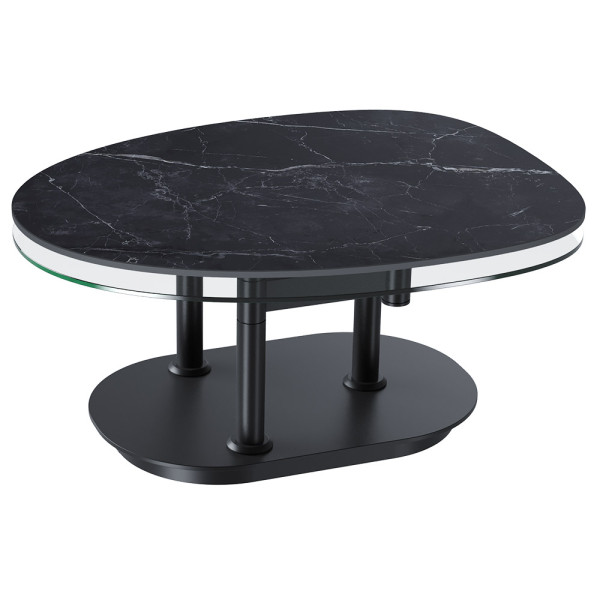 Ovaler Couchtisch Oletta mit zwei Tischplatten. Die obere Platte besteht aus schwarzem Marmor, unterstützt von einem robusten Gestell mit zwei Säulen. Der Tisch hat eine elegante, minimalistische Form.
