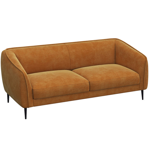 Graues Sofa mit abgerundeten Armlehnen und zwei Polsterkissen auf den Sitzflächen steht auf schmalen, schwarzen Beinen. Es eignet sich für individuelle Anpassungen und ist als Wunschsofa erhältlich.