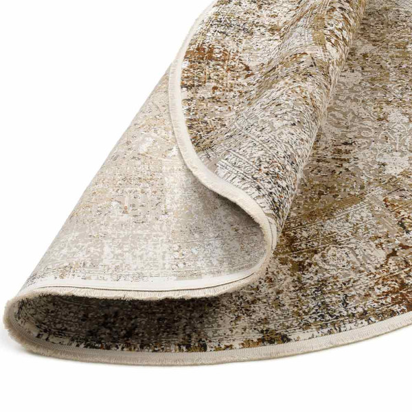 Runder, seidig glänzender Vintage-Designerteppich in einem Beige-Mix mit marokkanischem Muster. Der Teppich hat einen Durchmesser von 160 cm und wird zu einem Preis von 499,00 € angeboten.