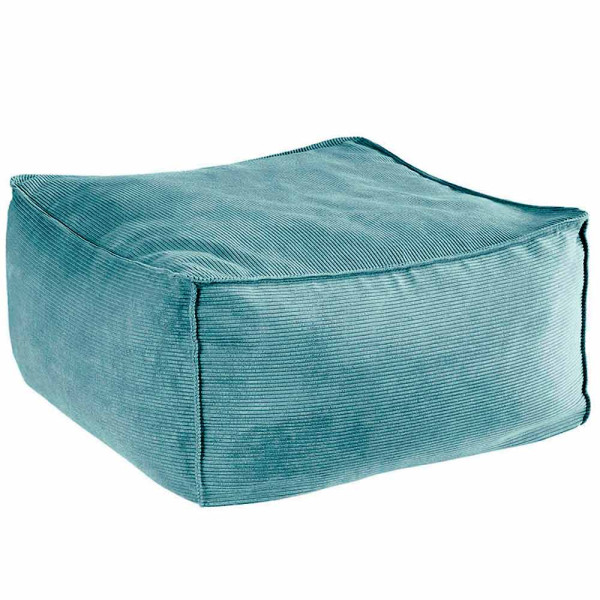 Weicher, quadratischer Cordhocker in der Farbe Petrol. Der Hocker hat eine strukturierte Oberfläche und eine robuste, rechteckige Form. Er dient als Sitzgelegenheit oder als Fußablage.