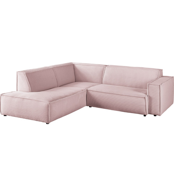 Cordsofa Upper East in rosa Farbe mit einer modernen Polstergarnitur. Das Sofa hat eine L-Form und bietet Platz für mehrere Personen. Es ist mit einer Stahl-Wellenunterfederung ausgestattet.