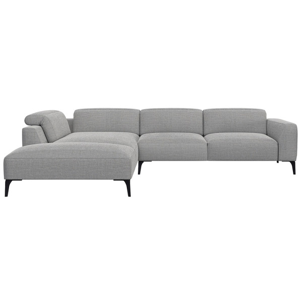 Graues Ecksofa aus hochwertigem Material mit offenen Enden und modernen, schlanken Beinen. Es bietet komfortable Sitzfläche und hohe Rückenkissen für optimalen Sitzkomfort.