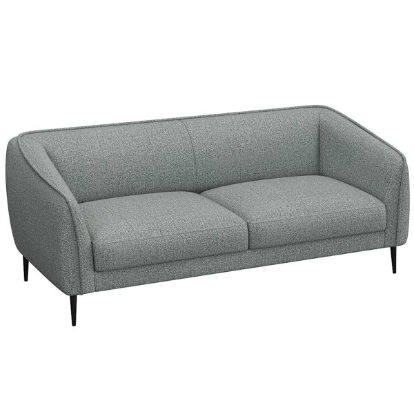 Graues Sofa mit abgerundeten Armlehnen und zwei Polsterkissen auf den Sitzflächen steht auf schmalen, schwarzen Beinen. Es eignet sich für individuelle Anpassungen und ist als Wunschsofa erhältlich.