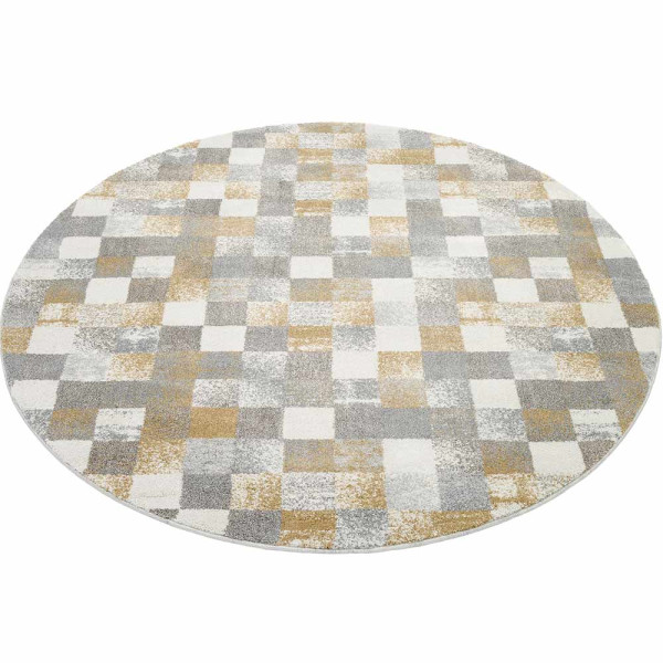 Runder Hochflor-Teppich mit großem Karo-Muster in Grau und Creme. Der Teppich hat flauschige Texturen und ist ideal für Wohnräume. Maße variieren zwischen 65 x 130 cm und 240 cm Durchmesser.