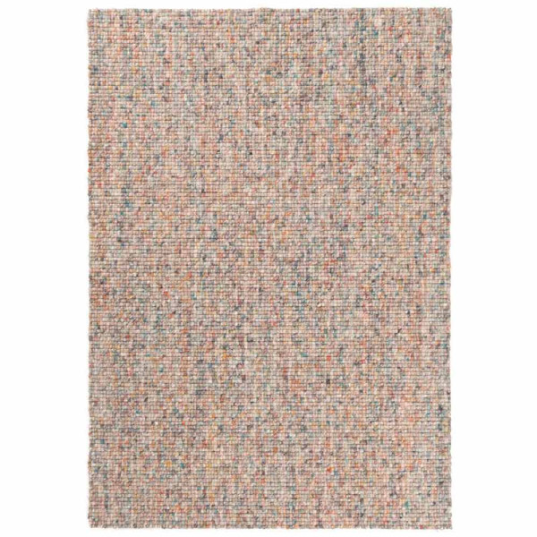 Bunte Teppichoberfläche aus Schurwolle mit einer sanften, strukturierten Optik. Die Farben reichen von Beige über Grau bis zu verschiedenen bunten Tupfern, was den Teppich vielseitig gestaltet.