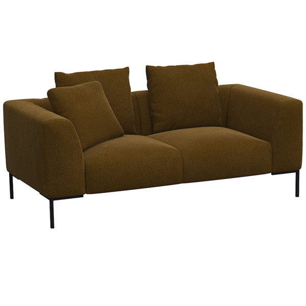 Helles, modernes Sofa in hellbeiger Farbe mit zwei Kissen. Es hat eine schlichte, rechteckige Form und steht auf schwarzen Beinen. Die Oberfläche wirkt einladend und bequem.