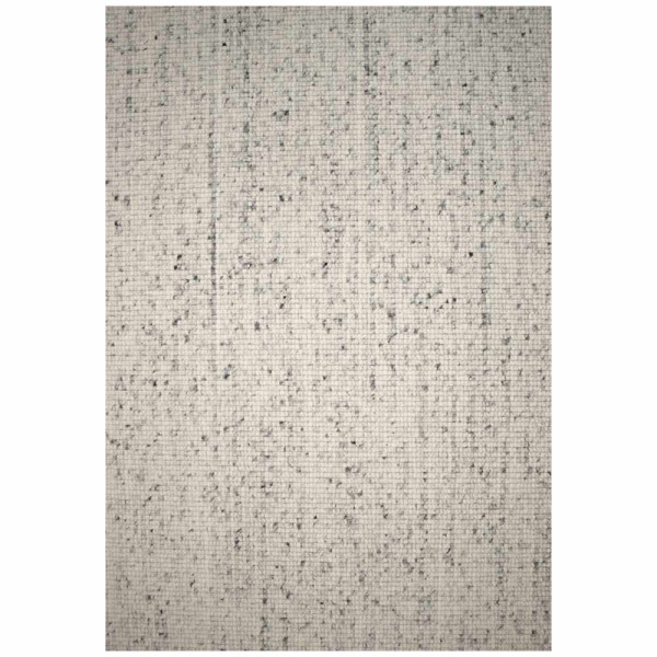 Heller, nachhaltiger Webteppich aus Schurwolle mit einer strukturierten, gepunkteten Oberfläche in Weiß und Grau. Der Teppich eignet sich zur individuellen Gestaltung nach Maß.