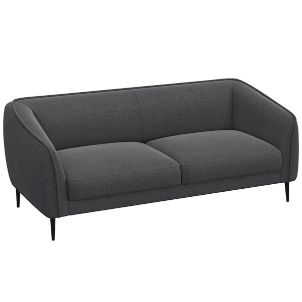 Graues Sofa mit abgerundeten Armlehnen und zwei Polsterkissen auf den Sitzflächen steht auf schmalen, schwarzen Beinen. Es eignet sich für individuelle Anpassungen und ist als Wunschsofa erhältlich.