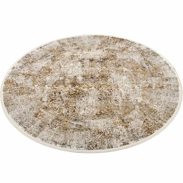 Runder, seidig glänzender Vintage-Designerteppich in einem Beige-Mix mit marokkanischem Muster. Der Teppich hat einen Durchmesser von 160 cm und wird zu einem Preis von 499,00 € angeboten.