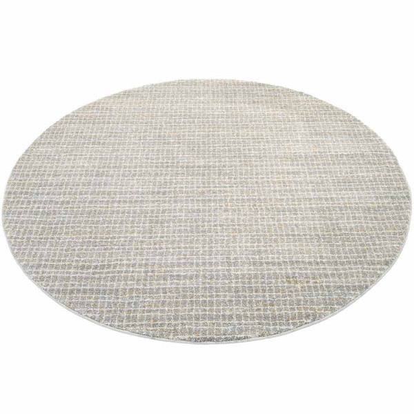 Heller karierter Hochflor-Teppich in grau-cremefarben mit gleichmäßiger Geometrie ist rund. Er kann in verschiedenen Größen wie 120 cm Durchmesser oder 200 x 200 cm bestellt werden.