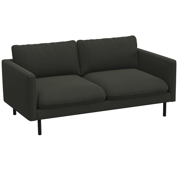 Graues Sofa mit zwei breiten Kissen und schmalen Armlehnen steht auf schlanken, schwarzen Beinen. Das Design ist modern und schlicht, geeignet für verschiedene Wohnstile.
