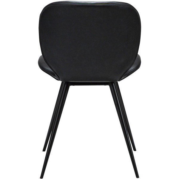 Moderner schwarzer Stuhl aus Kunstleder steht auf drei schlanken Beinen. Die Rückenlehne ist rundlich und harmoniert mit der abgerundeten Sitzfläche.