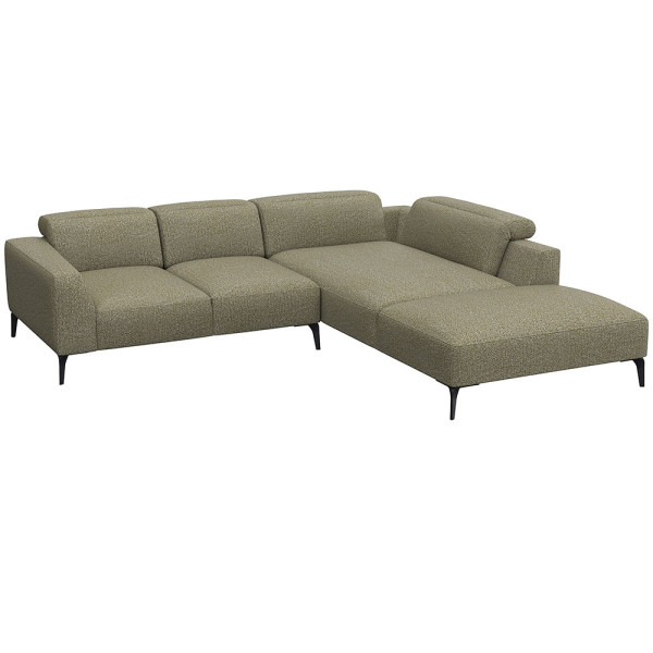Graues Ecksofa aus hochwertigem Material mit offenen Enden und modernen, schlanken Beinen. Es bietet komfortable Sitzfläche und hohe Rückenkissen für optimalen Sitzkomfort.