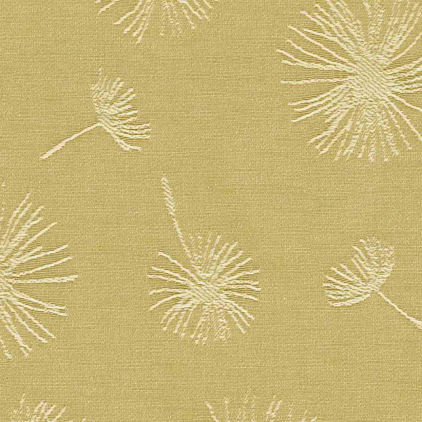 Gelber Stoff mit floralem Muster von Pusteblumen in Weiß. Der Stoff eignet sich für die Herstellung von Vorhängen und Dekorationen. Qualität und Design sind auf hochwertige Verarbeitung ausgelegt.