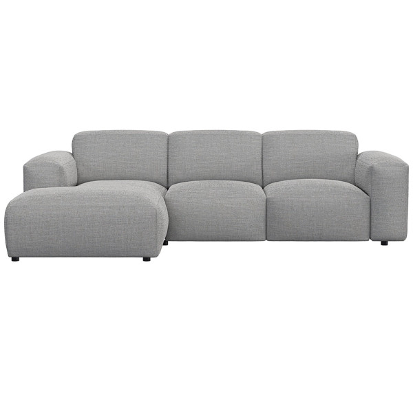 Graues Sofa LUCERA mit Chaiselongue. Es besteht aus hochwertigen Materialien und bietet eine moderne, komfortable Sitzgelegenheit für Wohnzimmer. Das Design ist geradlinig und ansprechend.